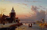 Skaters on a Frozen River at Dusk by Charles Henri Joseph Leickert